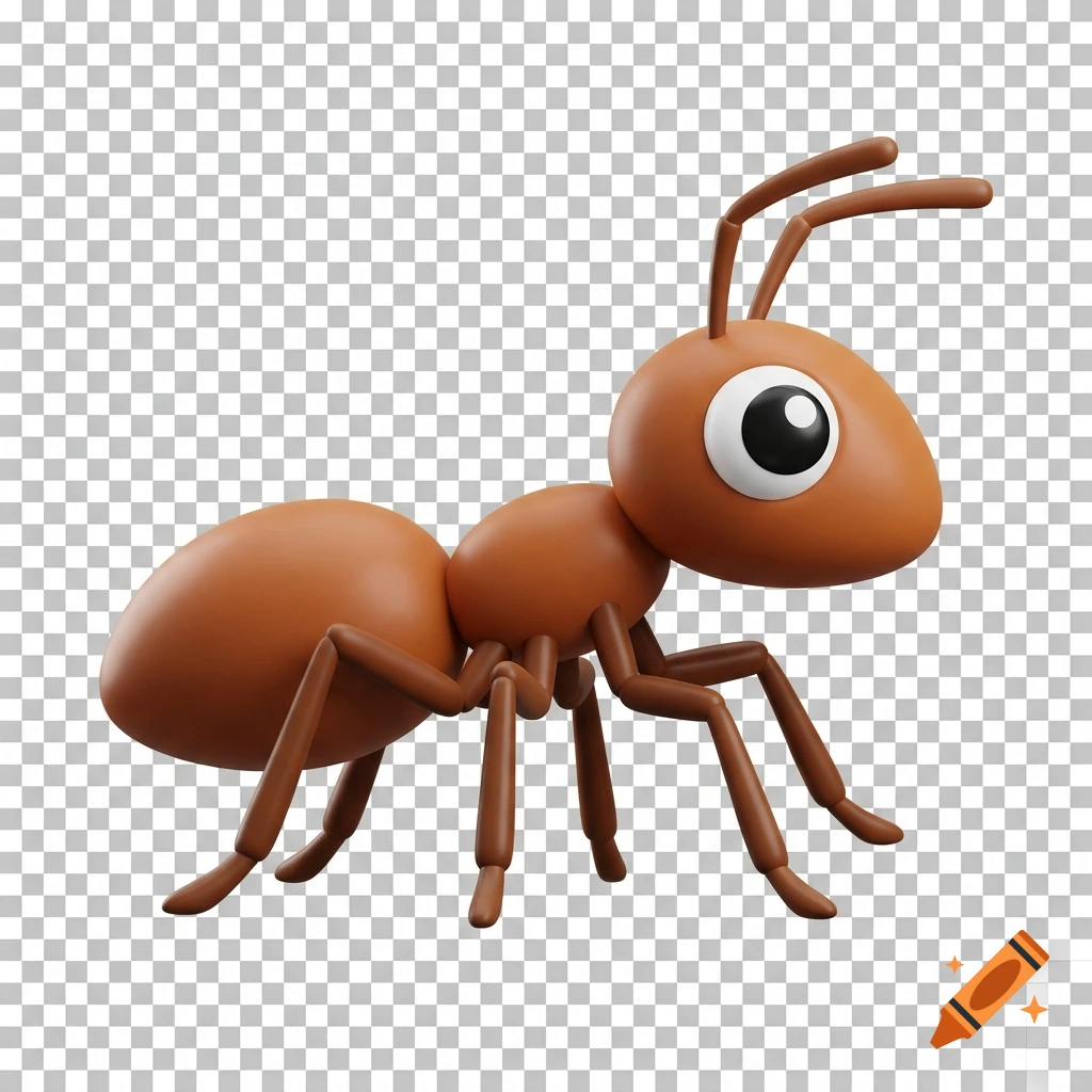 3D stylized brown ant walking, isolated on a transparent background, cute digital icon style.