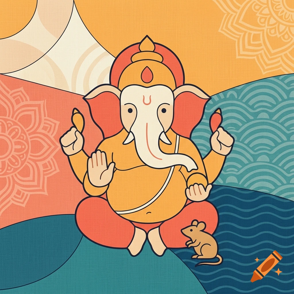A stylized vector illustration of Lord Ganesha sitting cross-legged with a mouse nearby, set against a colorful patterned background.
