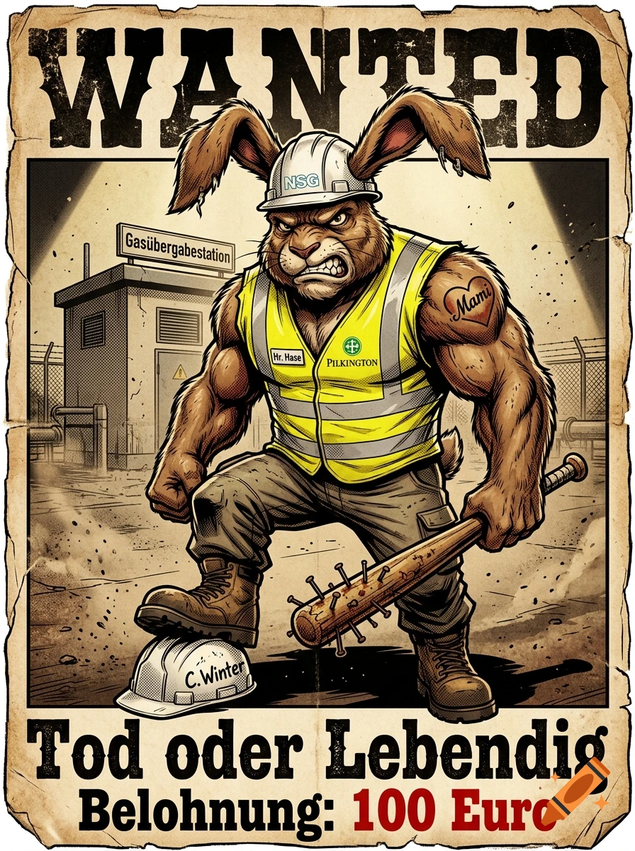 Comic-style wanted poster featuring a muscular, angry anthropomorphic rabbit in a hard hat and high-vis vest holding a spiked bat.