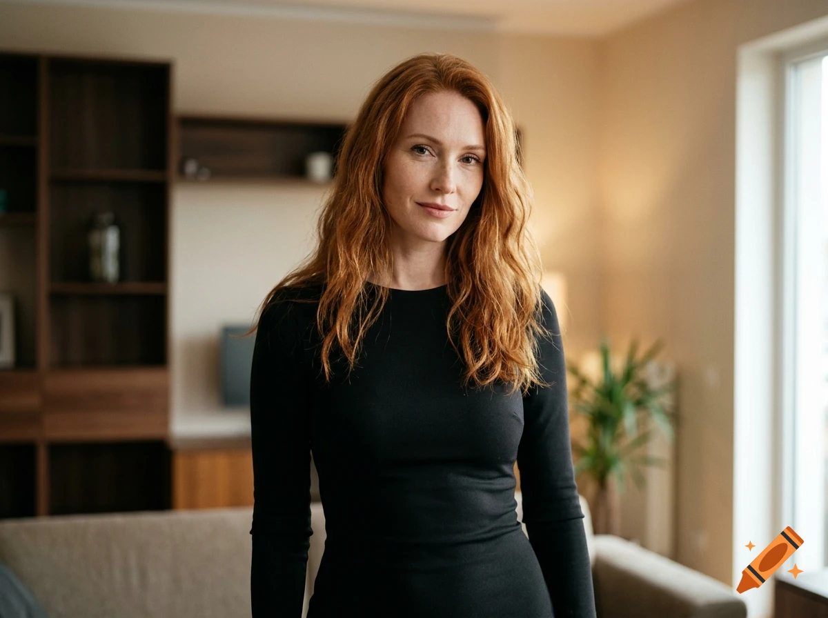 Photorealistic portrait of a woman with long red hair wearing a black long-sleeve dress inside a modern apartment.