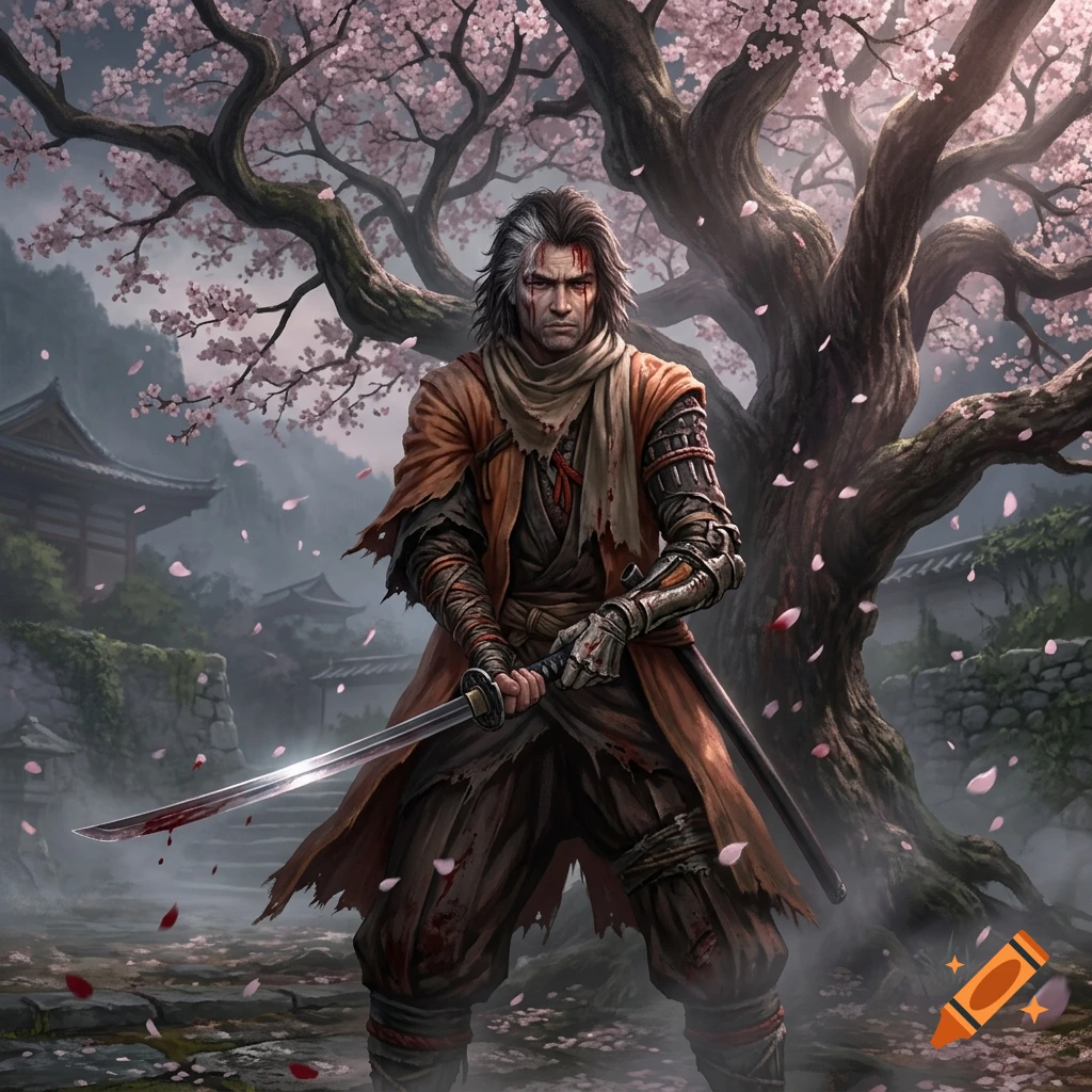 Digital illustration of a blood-stained warrior holding a katana in front of a blooming cherry blossom tree.