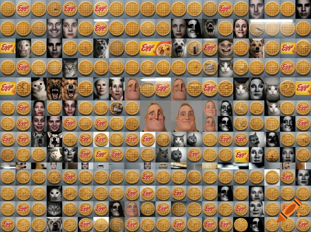 Grid collage of Eggo waffle patterns interspersed with faces, cats, and Mr. Incredible uncanny memes.