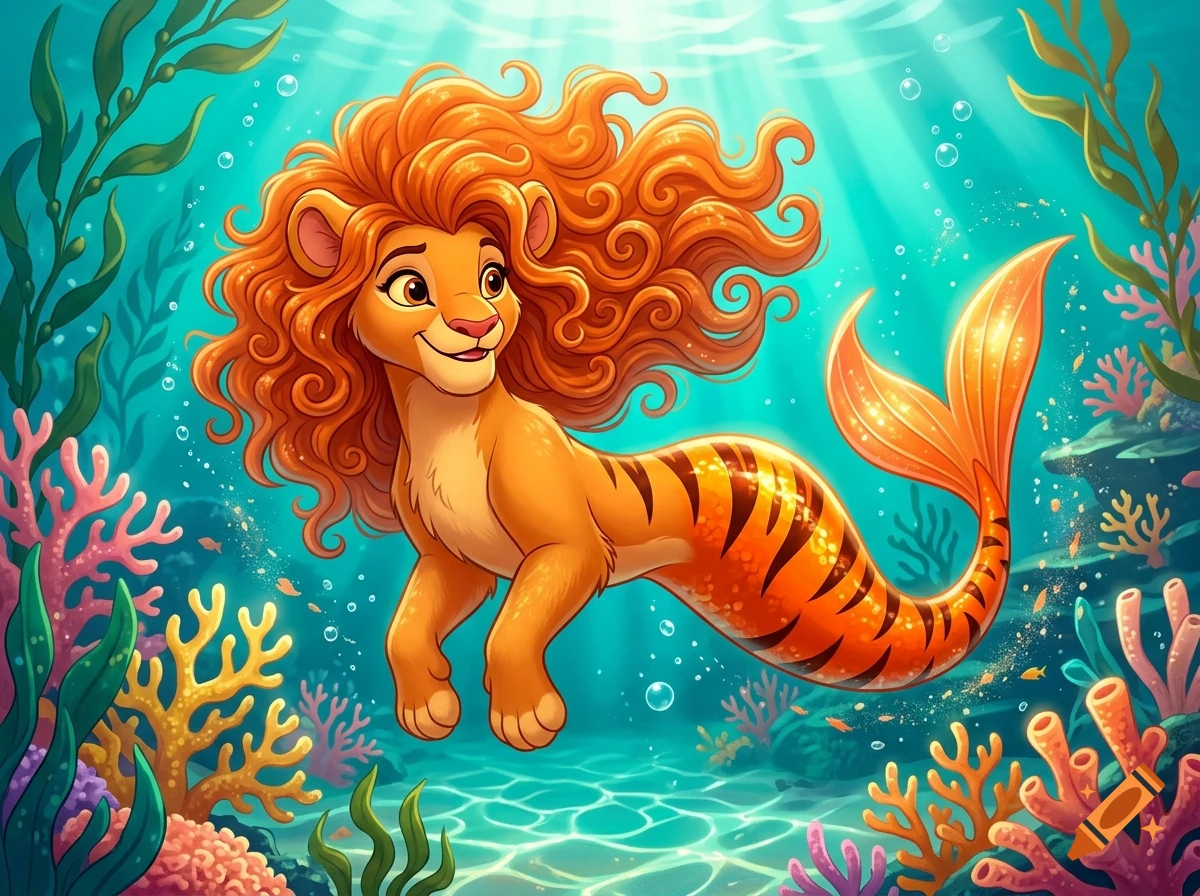 A cartoon lioness with an orange curly mane and a tiger-striped mermaid tail swimming underwater among coral reefs, Disney style.