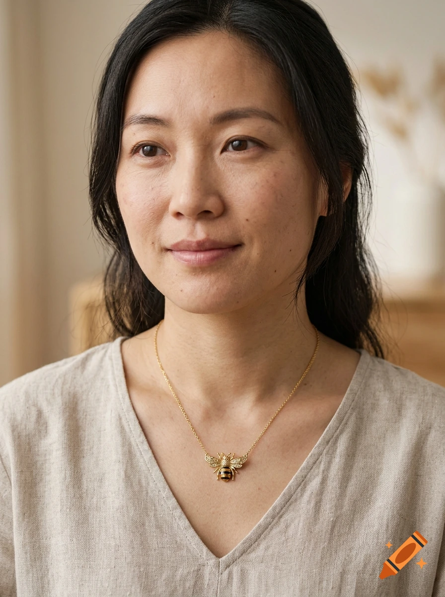 Photorealistic portrait of an Asian woman wearing a gold bee necklace and a light beige top.