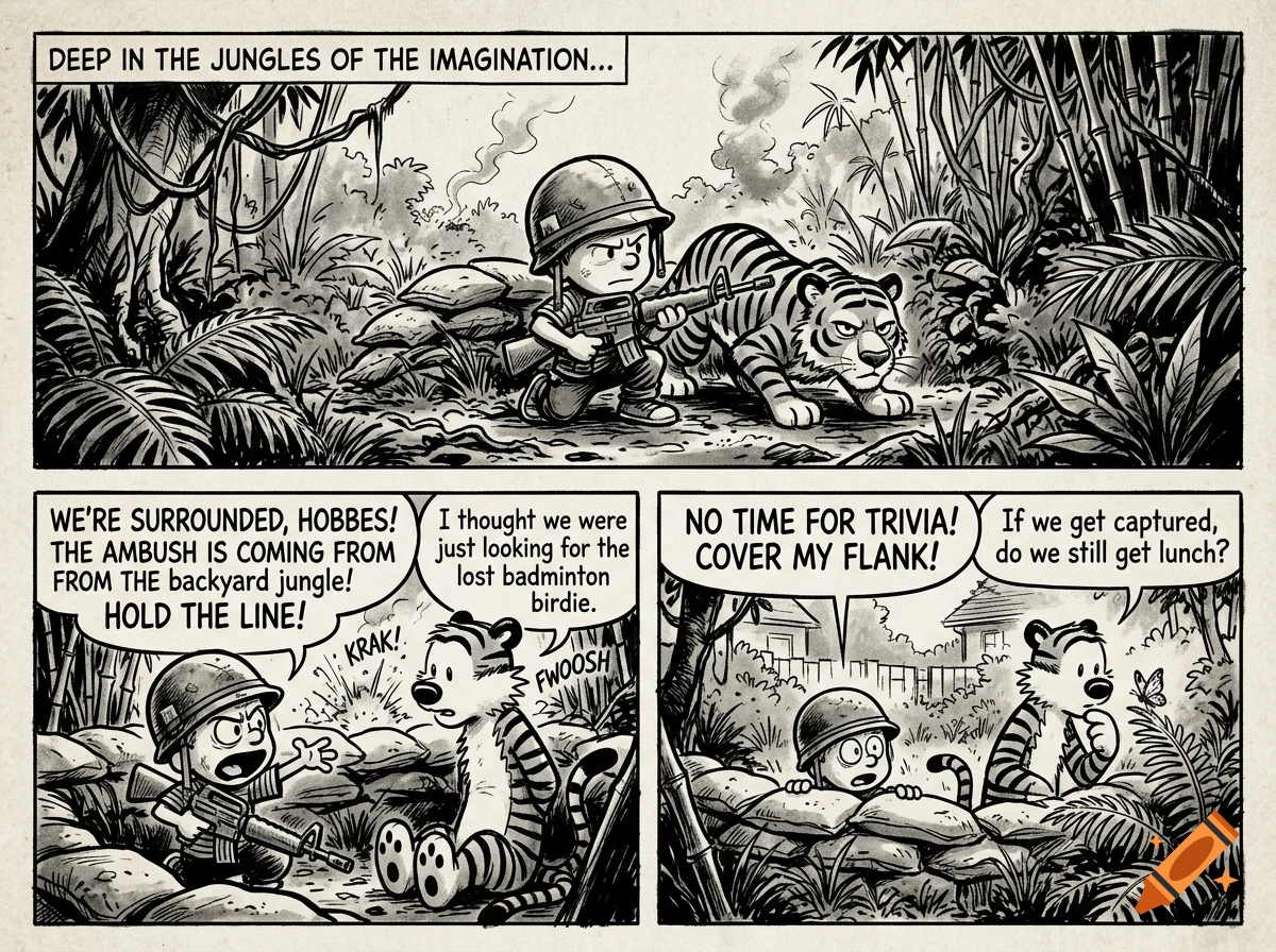 Black and white comic strip style illustration of a boy in a helmet and a tiger in a jungle setting.