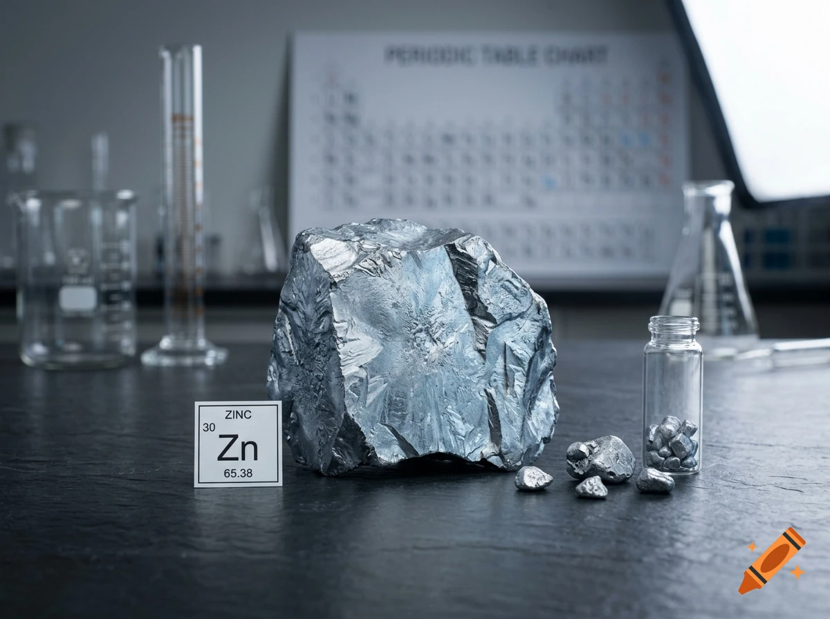 Photorealistic still life of a large zinc metal nugget on a dark surface in a laboratory, with a periodic table element tile and glassware.