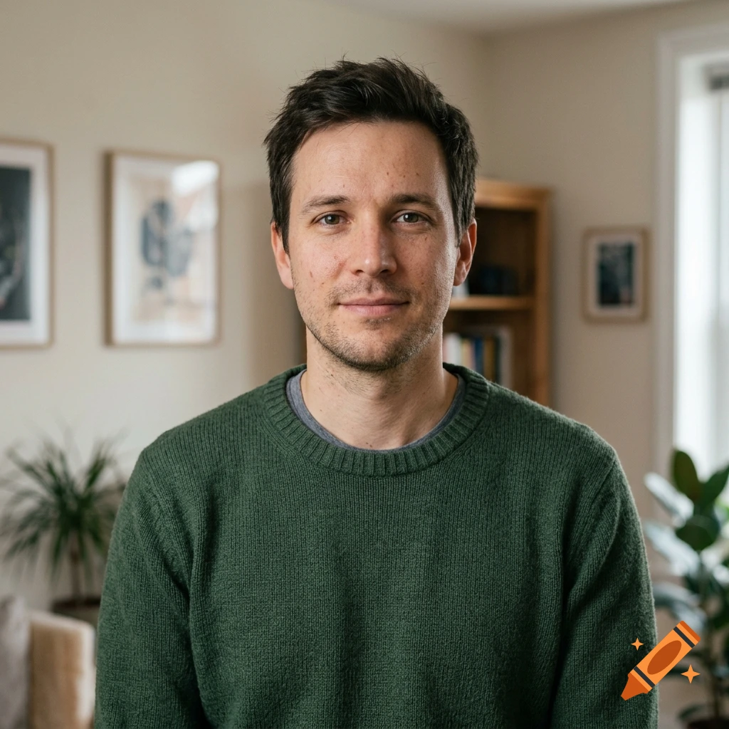 Photorealistic portrait of a young man with dark hair and a green sweater, standing in a room with framed pictures and a bookshelf.