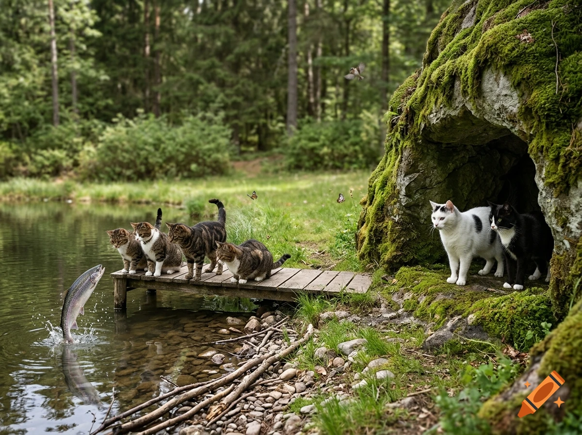Photorealistic scene of several cats near a pond and a moss-covered cave, with a fish jumping out of the water.