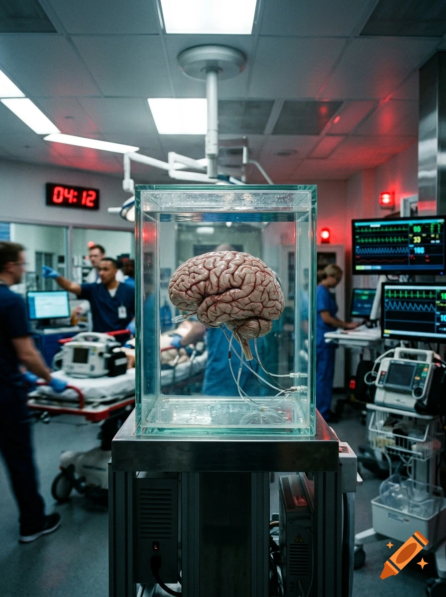 A human brain in a glass containment tank filled with liquid inside a high-tech hospital emergency room.
