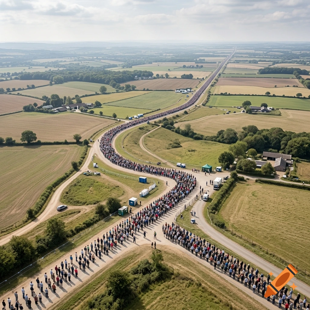 Aerial view of a massive winding queue of people stretching across a rural countryside landscape.