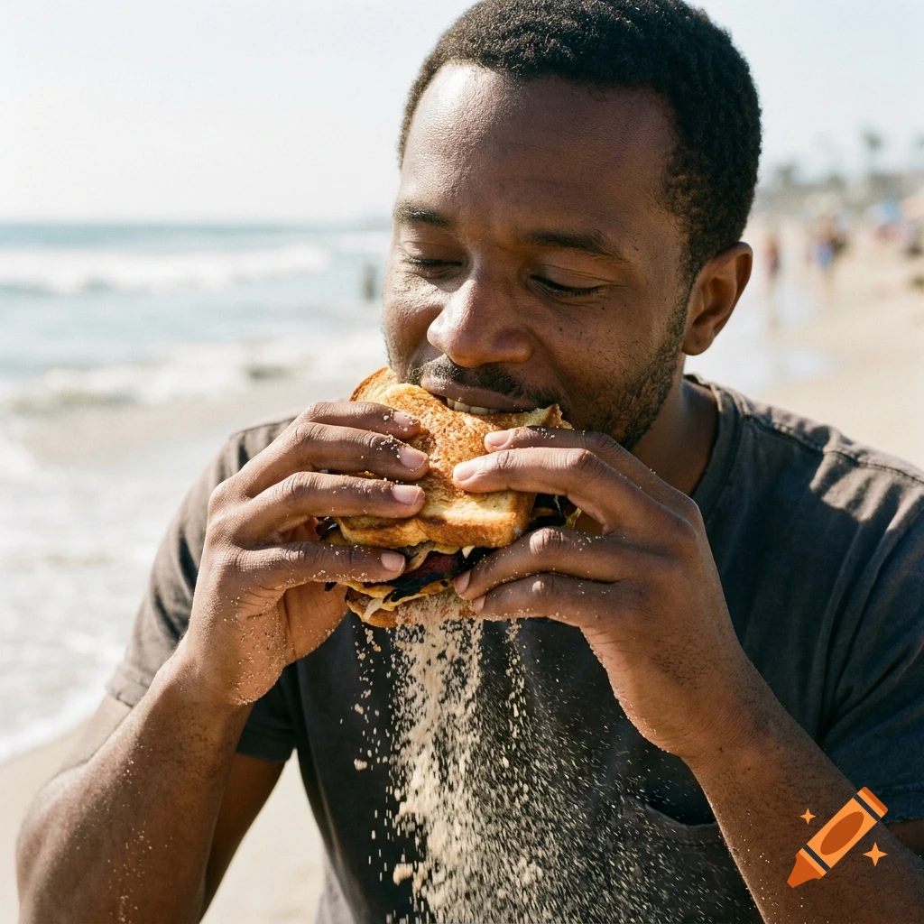 Photorealistic close-up of a Black man eating a sandwich with sand falling out of it at the beach.