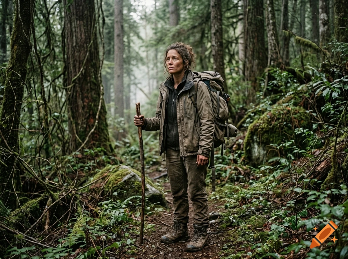 A woman with a backpack and walking stick stands in a dense, mossy forest, photorealistic.