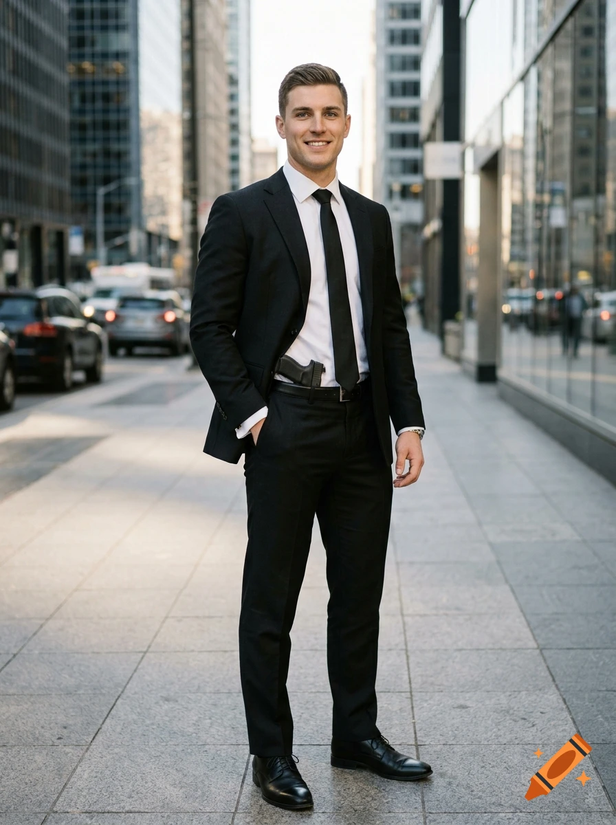 Photorealistic full-body portrait of a handsome young man in a black suit, white shirt, and black tie standing on a city sidewalk.