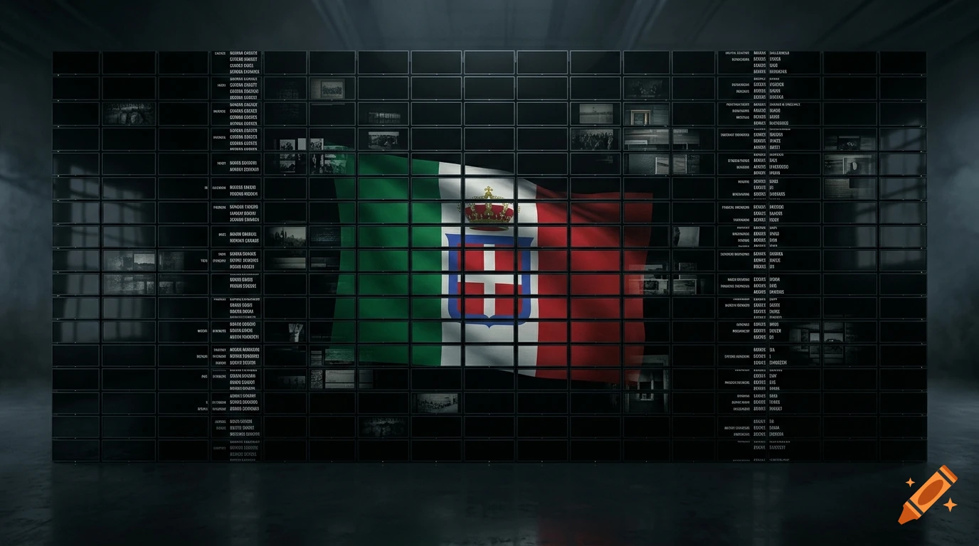 A large video wall displaying the historical flag of Italy with a coat of arms, surrounded by columns of text and small archive images.