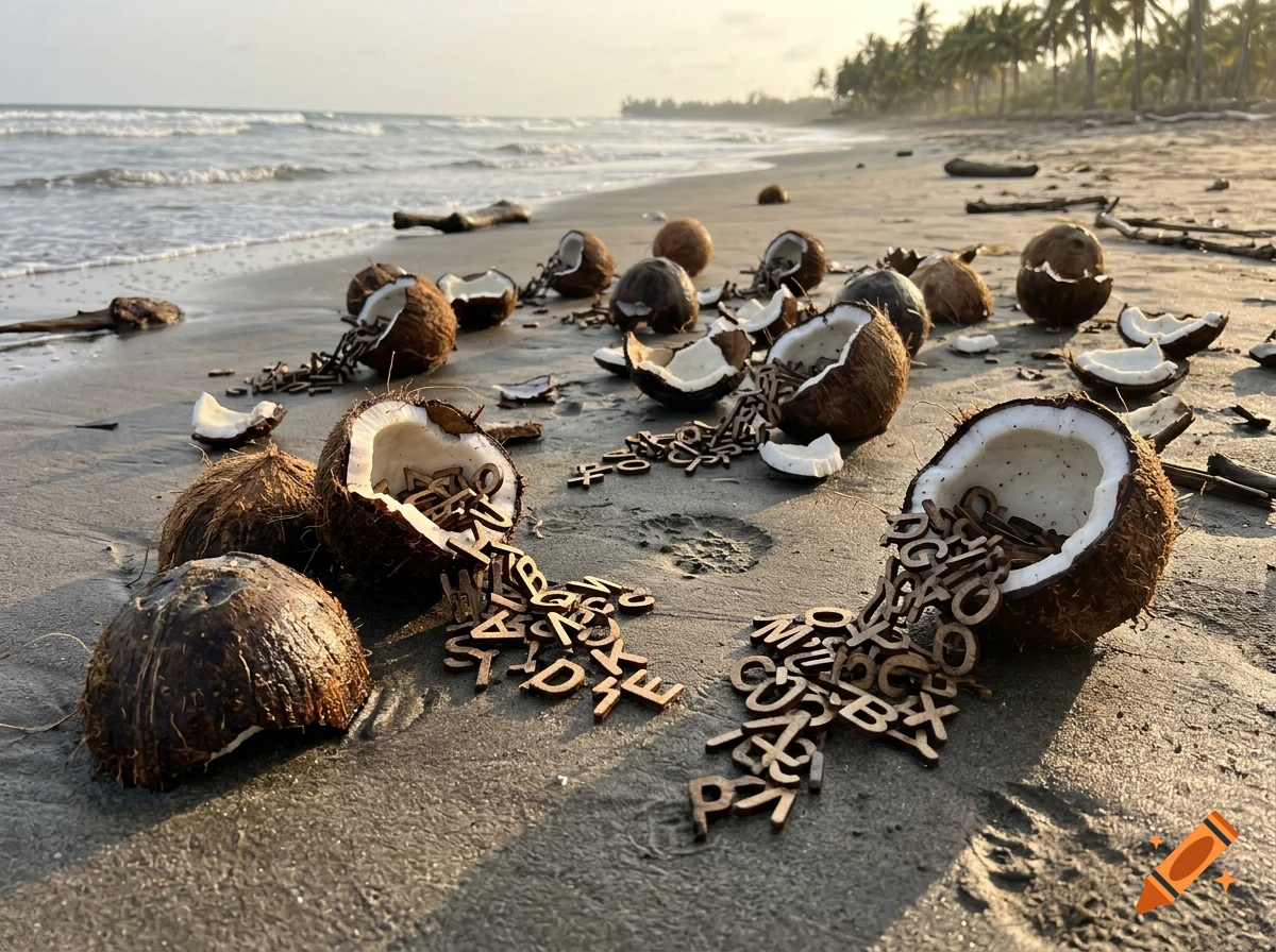 Photorealistic image of coconuts smashed on a sandy beach with wooden letters spilling out of them.