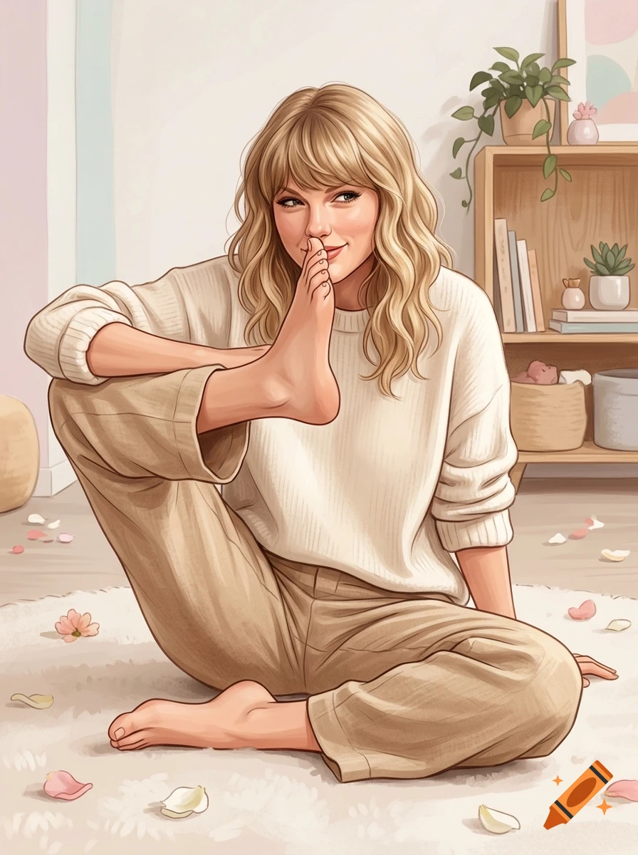 Digital illustration of Taylor Swift sitting on a rug in beige pants and a white sweater, holding her foot near her nose.