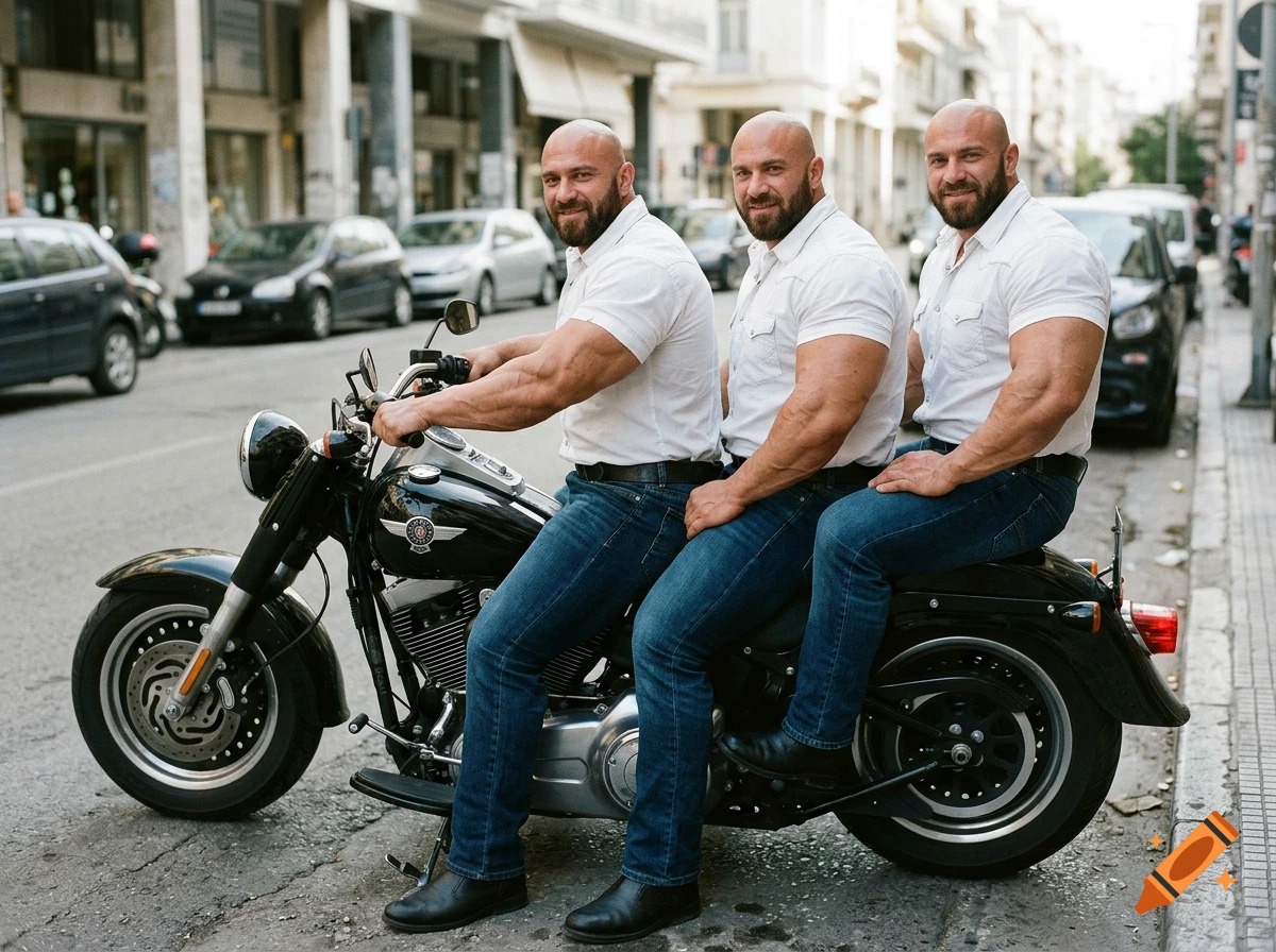 Three muscular, bald, bearded men wearing matching white shirts and jeans sitting together on a single black motorcycle parked on a city street.