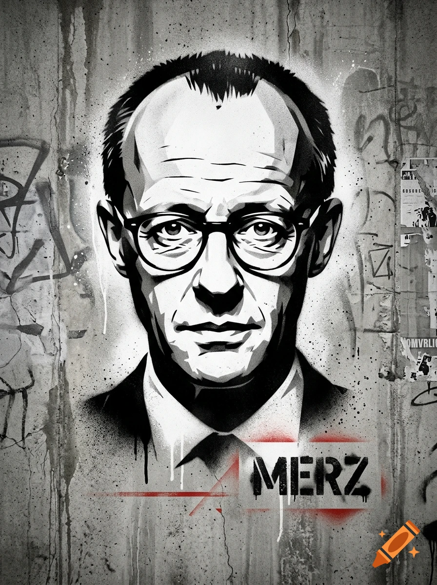 Black and white stencil portrait of Friedrich Merz with glasses on a concrete wall, featuring the word MERZ in red.