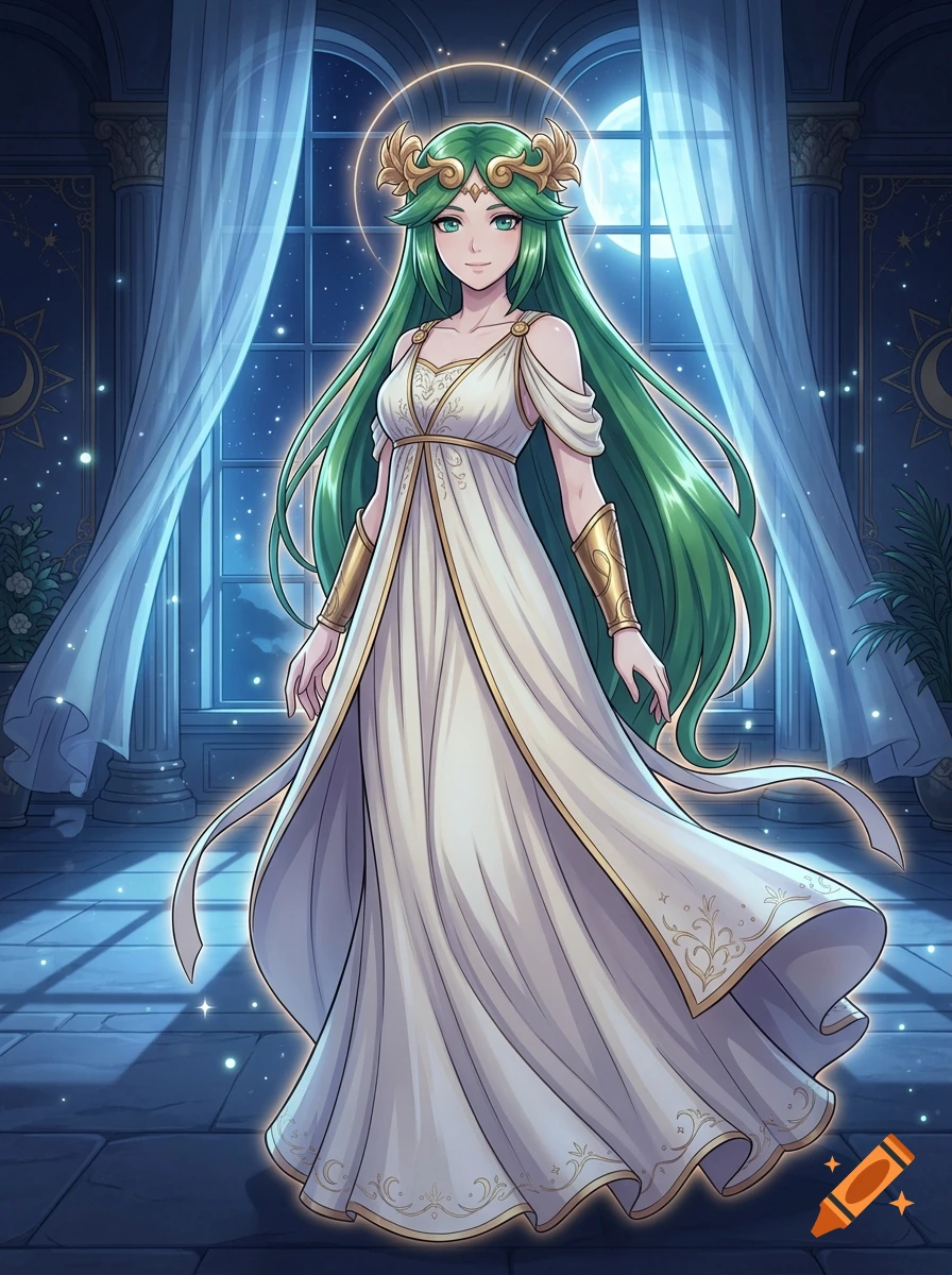 Anime style digital illustration of Palutena from Kid Icarus wearing a nightgown, standing in a grand bedroom at night.