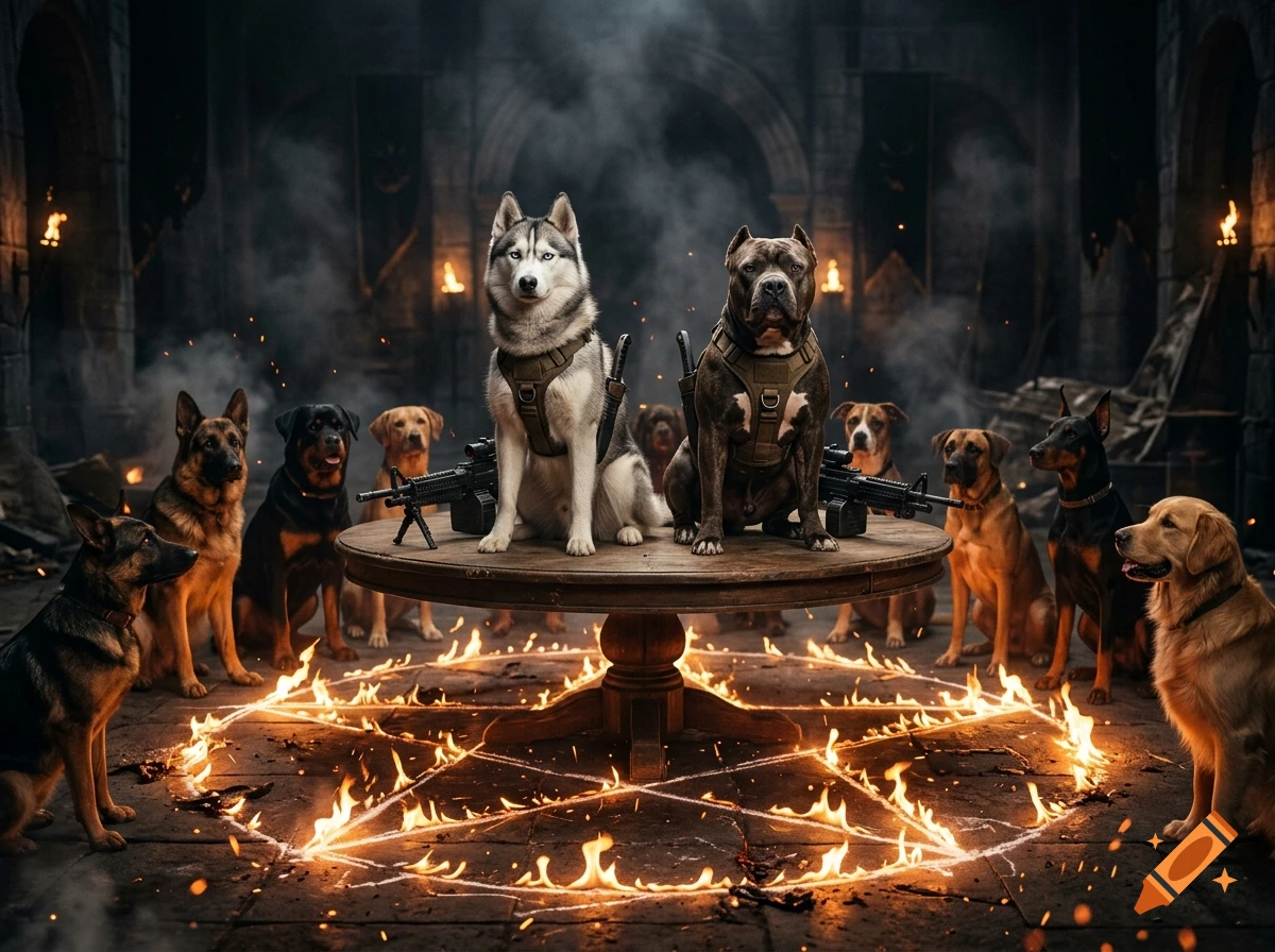 Photorealistic image of two tactical dogs sitting on a round table inside a burning pentagram surrounded by a pack of other dogs.