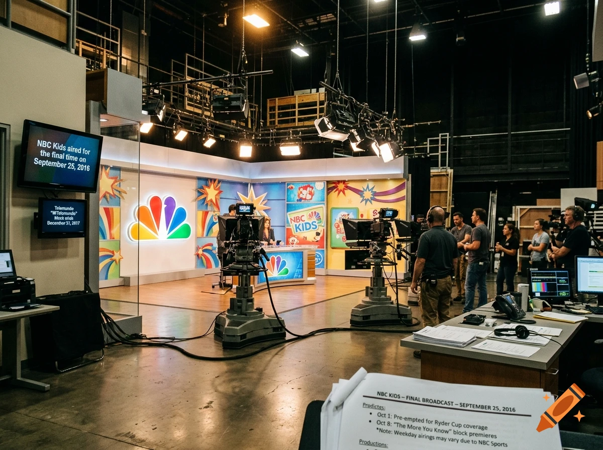 Behind the scenes of a television broadcast studio with cameras, crew, and monitors showing text.