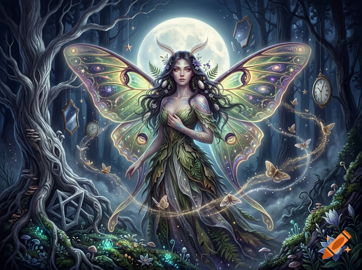 Surreal digital artwork of a moth maiden with glowing wings and celestial patterns standing in a nocturnal forest.