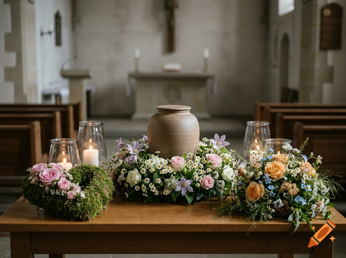 Photorealistic memorial table inside a chapel with an urn, floral arrangements, and candles.