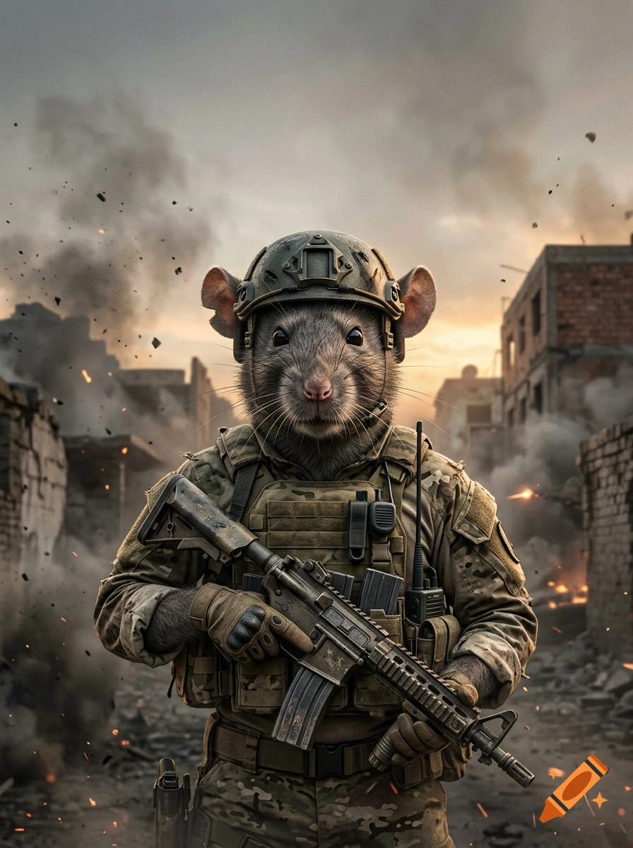 Photorealistic image of a rat dressed as a soldier in tactical gear holding a rifle amidst a war-torn city.