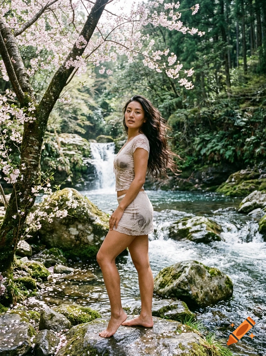 A woman stands barefoot on a mossy rock in a clear river with a cascading waterfall in the background, surrounded by lush forest and blooming cherry blossom branches.