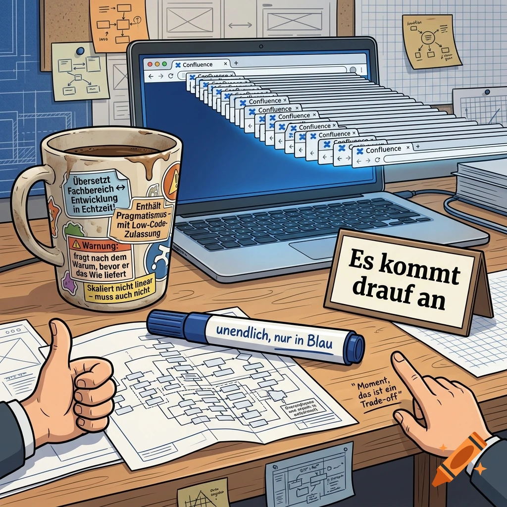 An illustrated workspace featuring a laptop with many browser tabs open, a coffee mug covered in stickers, a marker, a diagram, and hands gesturing over a desk.