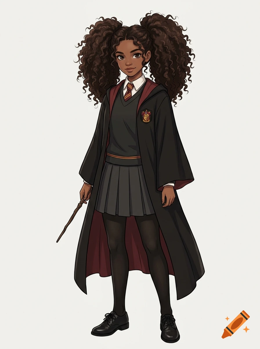 Anime style illustration of a Black girl with big curly pigtails wearing a Gryffindor school uniform holding a wand.