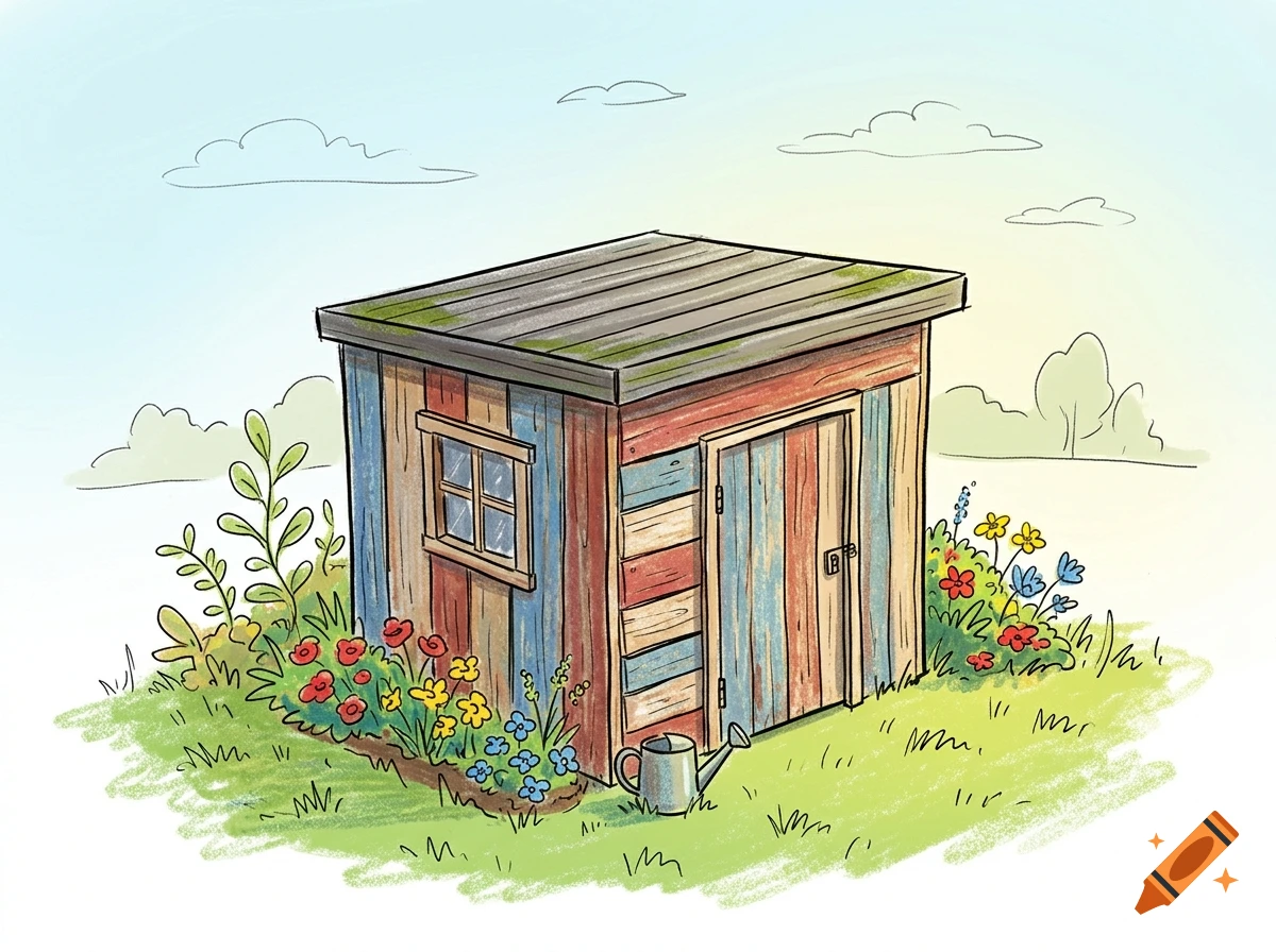 Colorful hand-drawn illustration of a small wooden shed with a flat roof in a green garden with flowers.