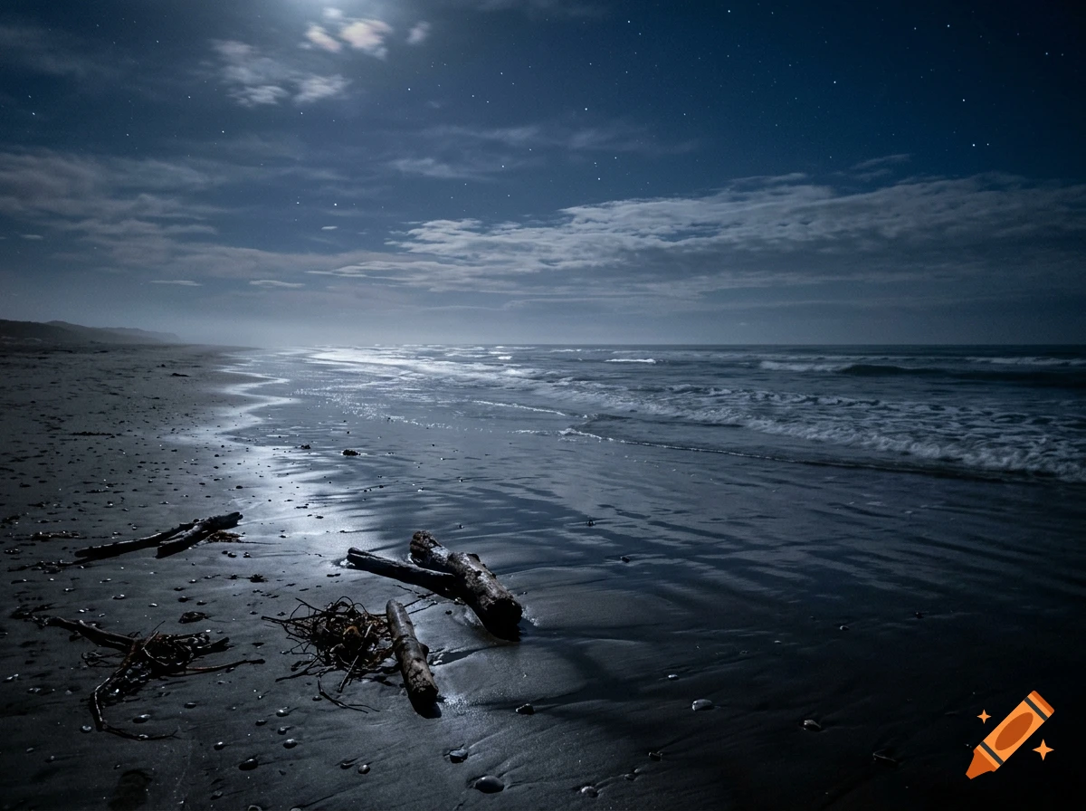 Photorealistic night scene of a sandy beach with gentle waves reflecting moonlight and stars in the cloudy sky.