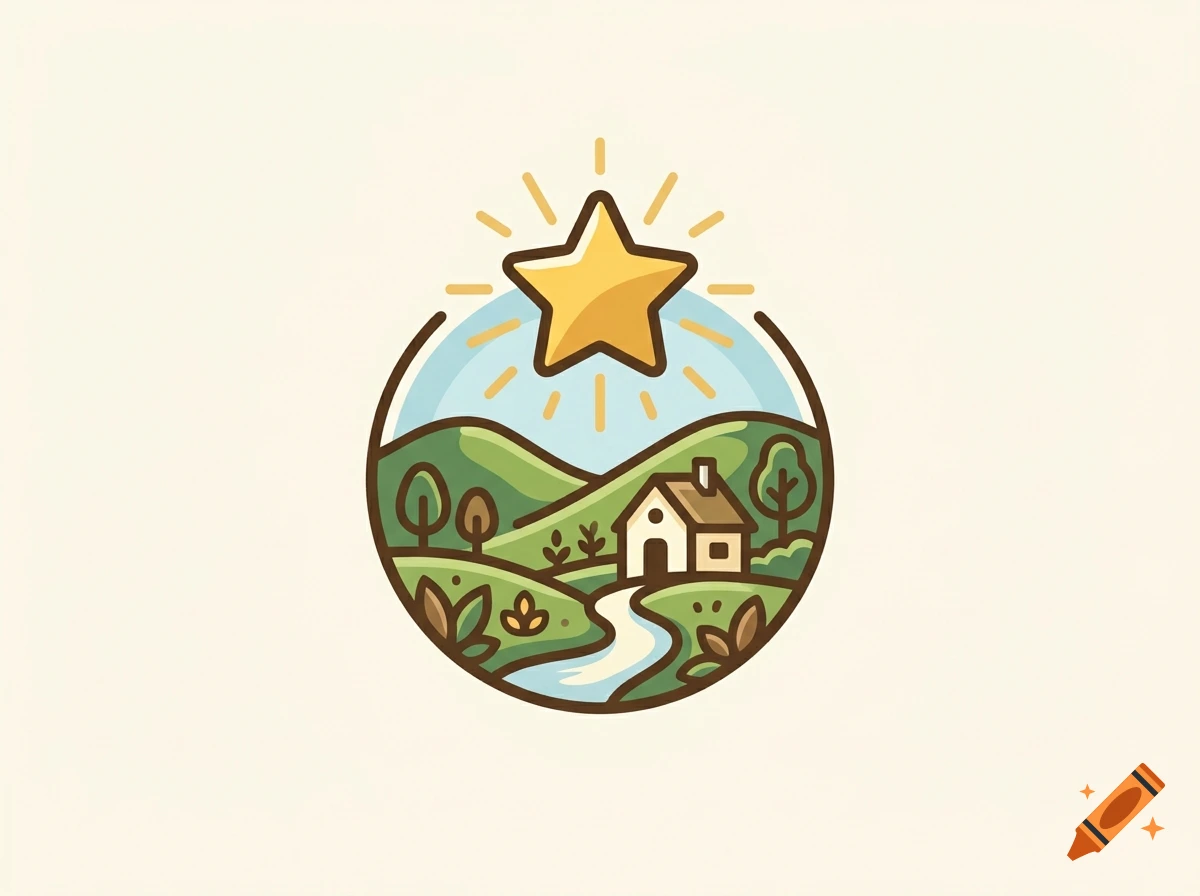A circular vector illustration of a rural landscape featuring a house, rolling hills, trees, a winding river, and a glowing star in the sky.