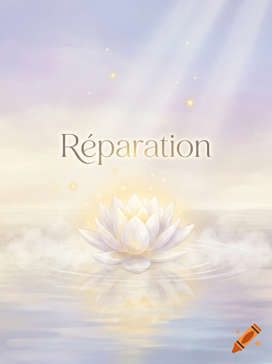 Digital illustration of a white lotus flower floating on calm water with gentle ripples, soft light, and the French word 'Réparation' above.