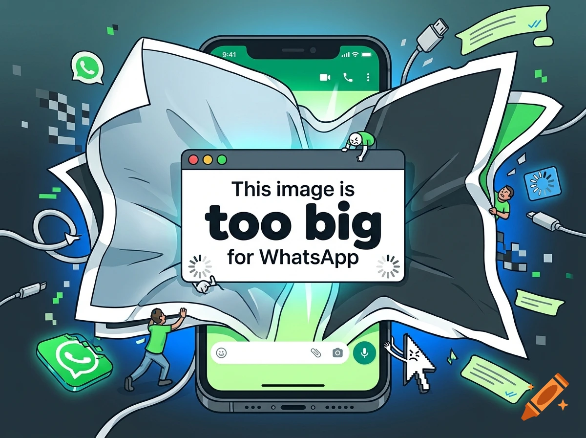 An illustrated smartphone with a pop-up window reading 'This image is too big for WhatsApp' bursting out of the screen.