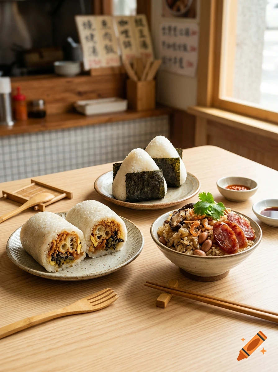 An assortment of Asian dishes on a wooden table, including rice balls, sliced savory rolls, and a bowl of rice with toppings, with a restaurant interior in the background.