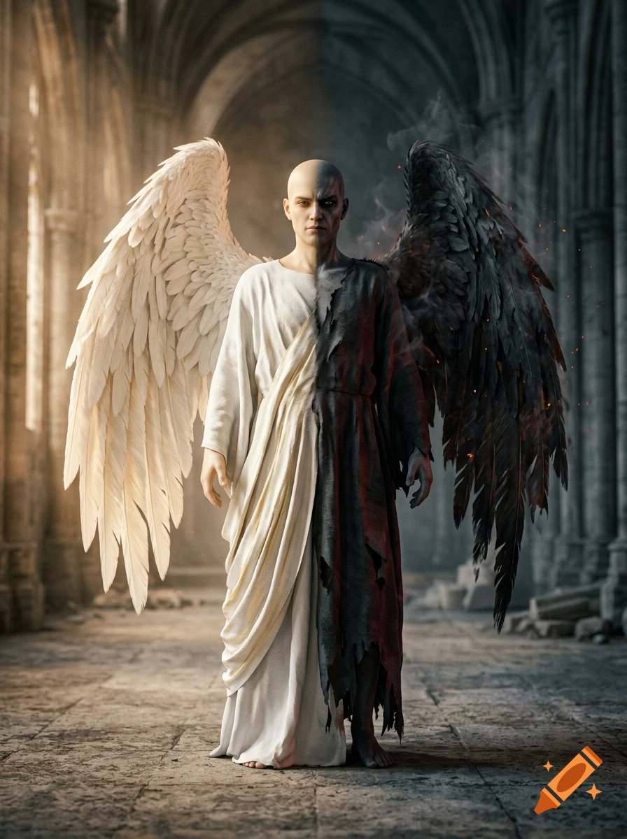 Photorealistic depiction of a split-design angel with one white feathered wing and one black feathered wing in a cathedral.