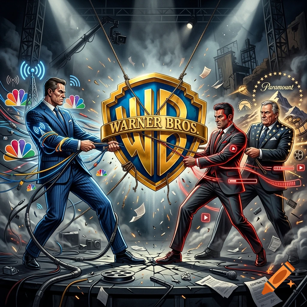Comic book style illustration of corporate entities as men fighting over a Warner Bros shield.