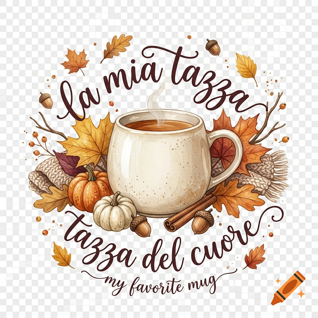 Watercolor autumn illustration featuring a cozy white mug of coffee surrounded by pumpkins, autumn leaves, acorns, and cinnamon sticks.