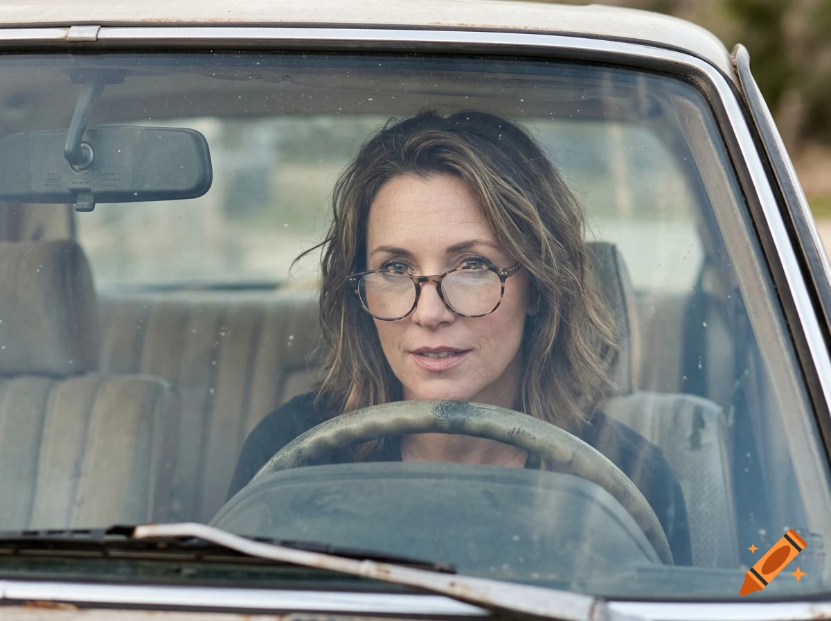 Photorealistic close-up of a middle-aged woman wearing glasses behind the steering wheel of an old car, looking forward.