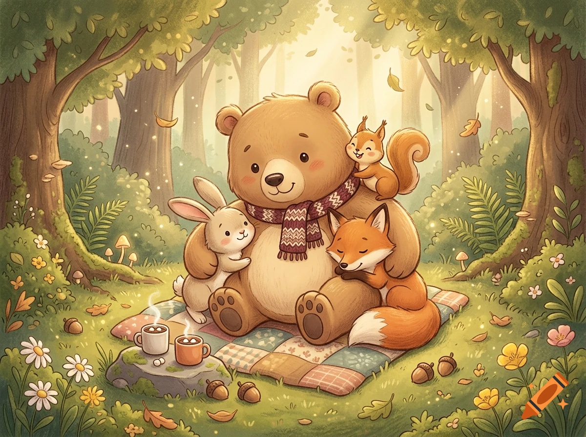 Cozy watercolor illustration of a bear, rabbit, fox, and squirrel sitting together on a picnic blanket in a sunlit forest.