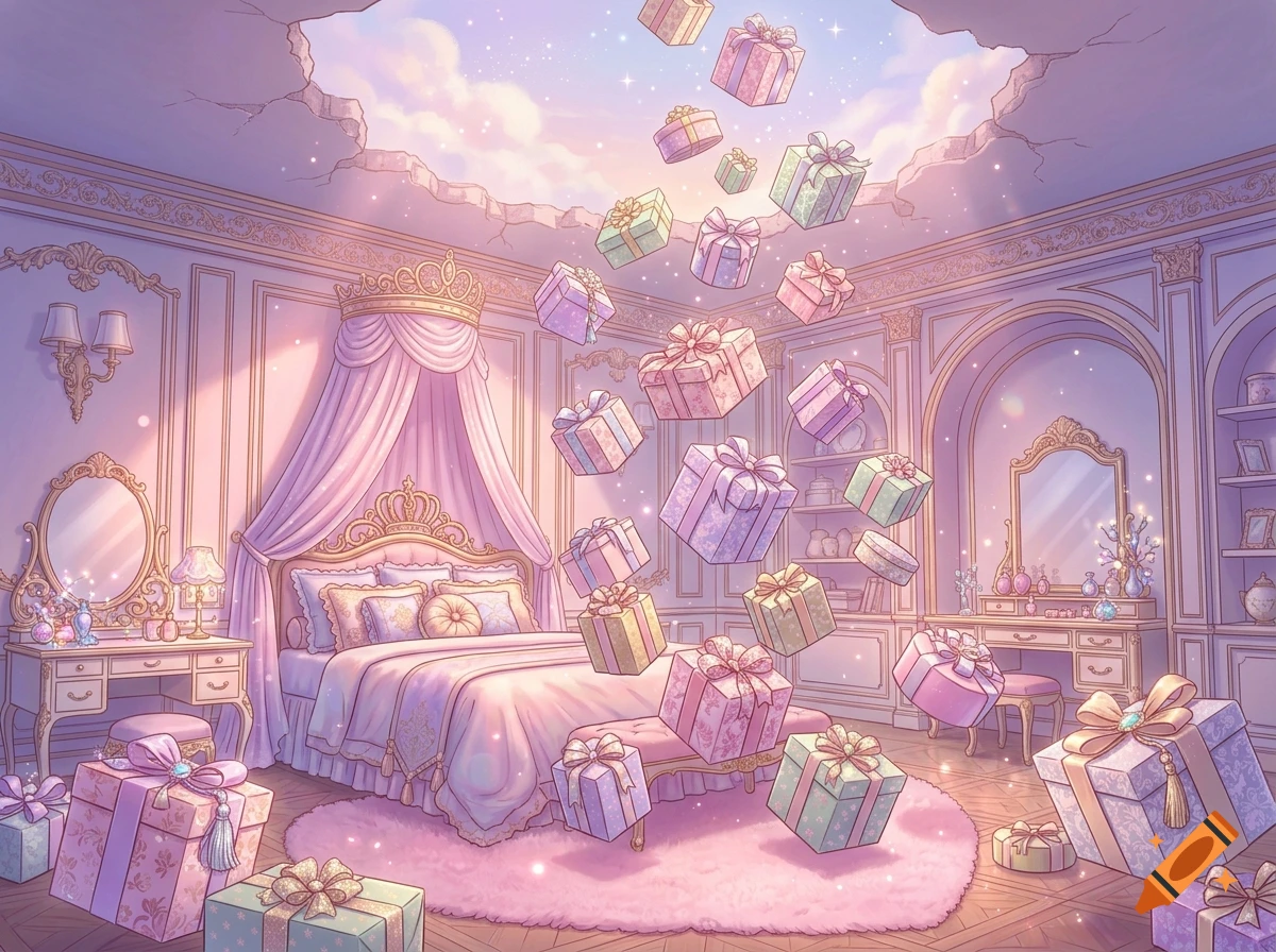 Princess-themed pink bedroom with a canopy bed and glowing gift boxes floating down from a hole in the ceiling, anime style.