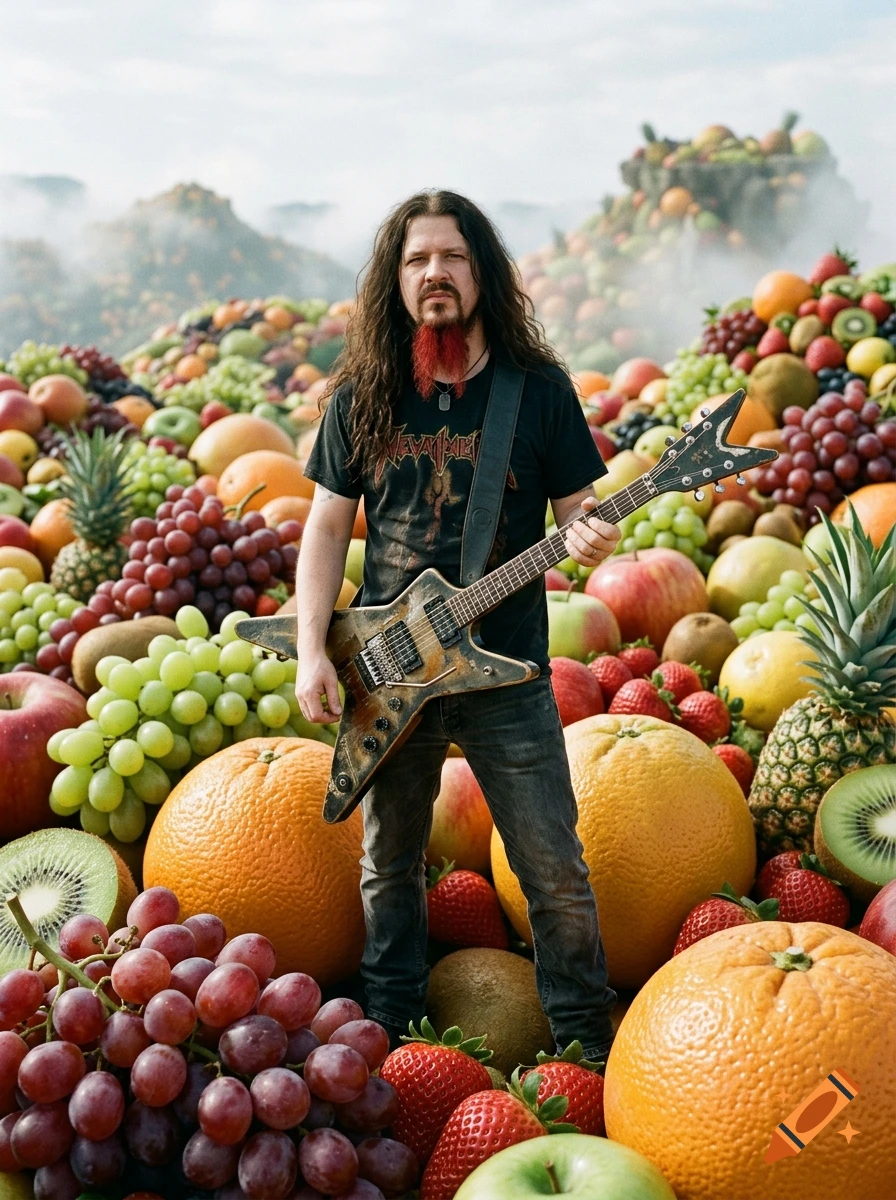 Dimebag Darrell standing in a surreal landscape made entirely of giant fruits like oranges, grapes, and pineapples.