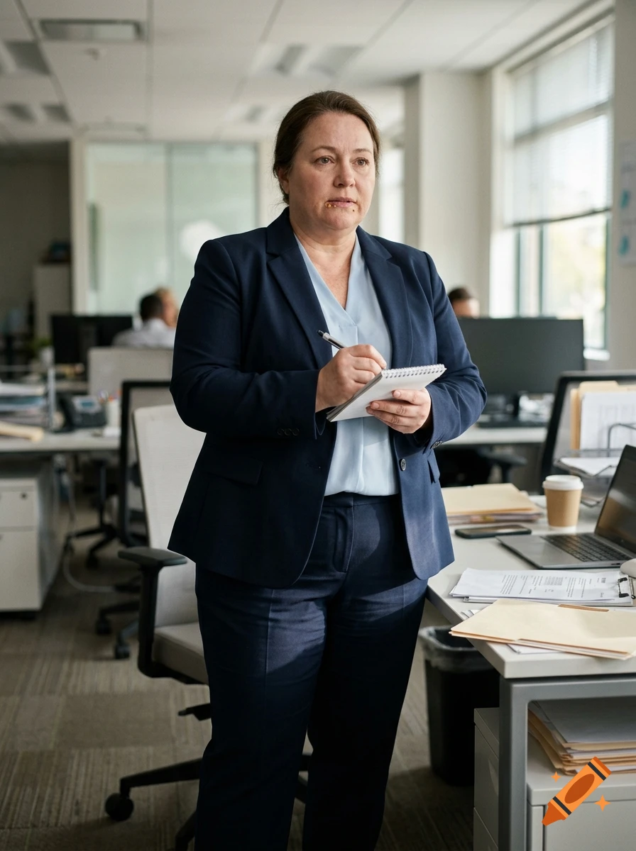 Photorealistic image of a woman in a blue pantsuit holding a notepad in an office setting.