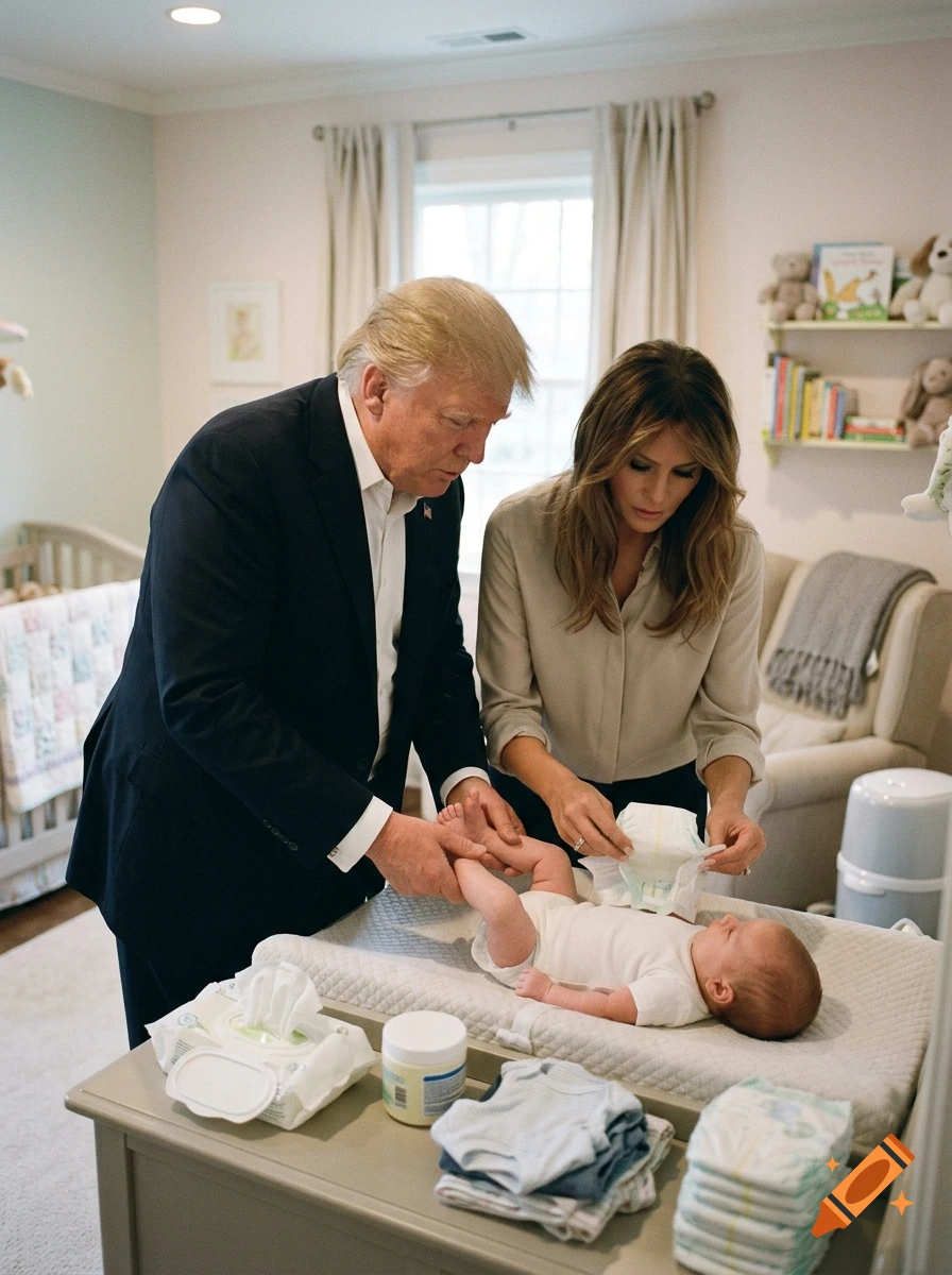 Photorealistic image of Donald Trump and Melania Trump changing a baby's diaper in a nursery.