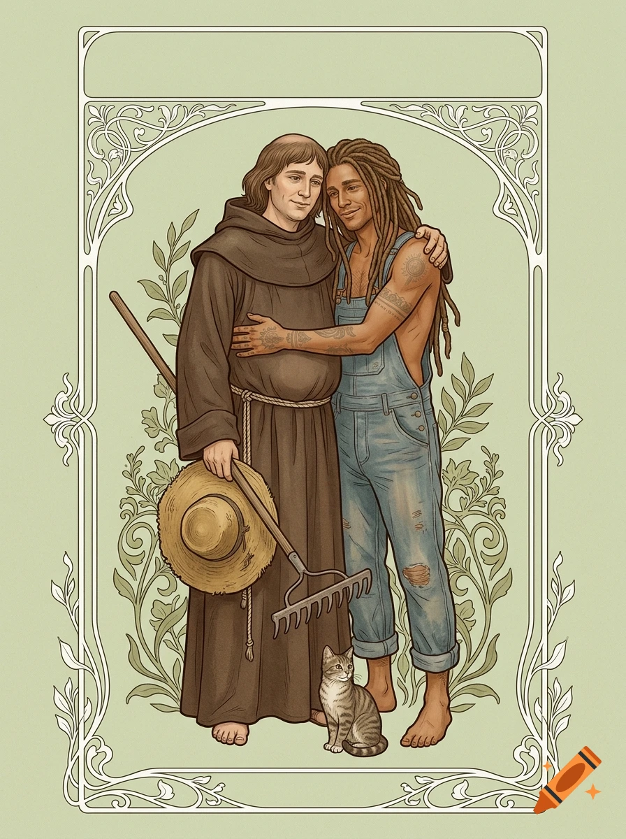 Art nouveau style illustration of a Franciscan monk and a hippie with dreadlocks embracing, with a cat at their feet.