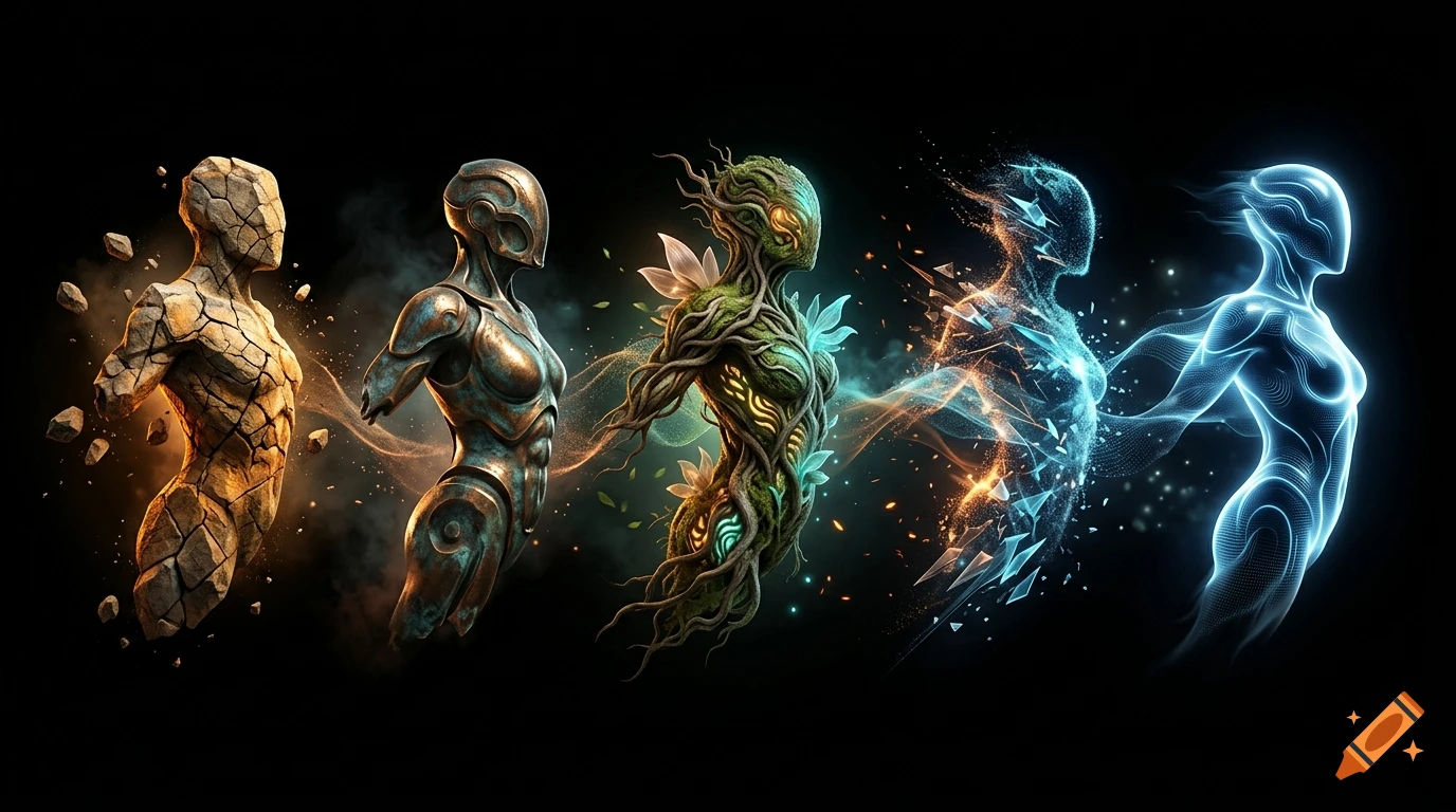 Five humanoid figures representing elemental elements of earth, metal, nature, crystal, and energy glowing against a dark background.