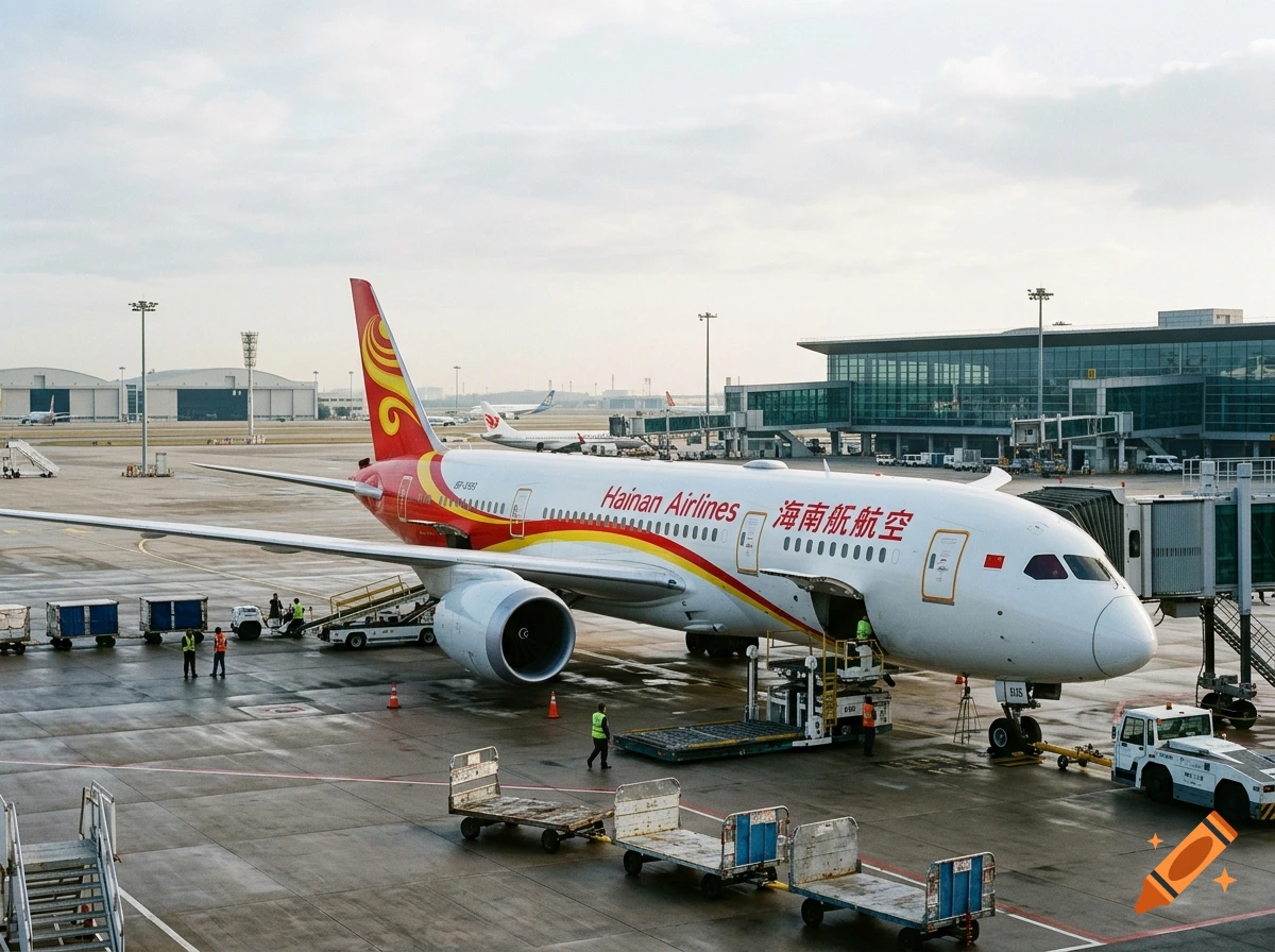 Photorealistic shot of a Hainan Airlines airplane parked at an airport gate being serviced, with terminal buildings in the background.
