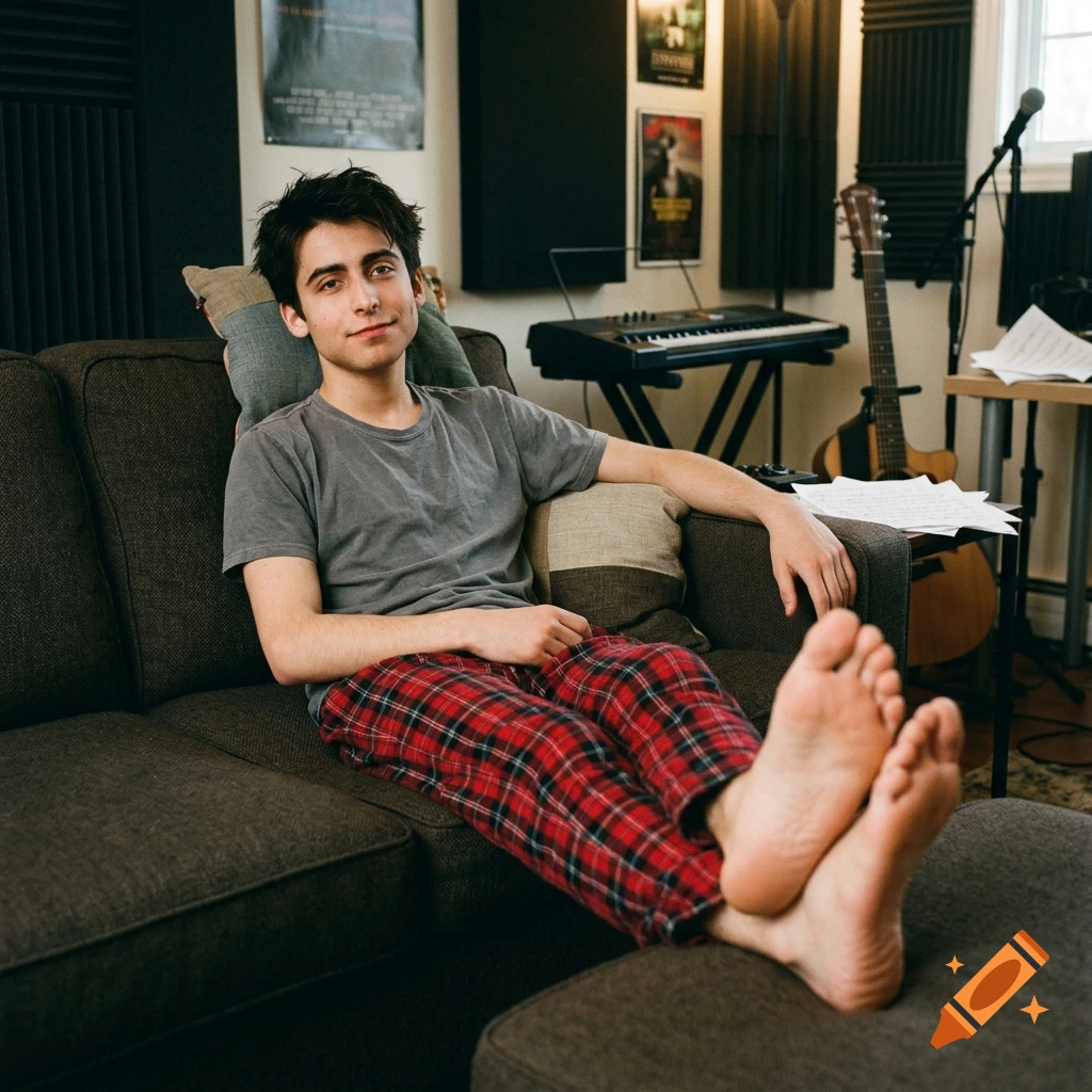 Photorealistic image of teen actor Aidan Gallagher relaxing on a grey sofa with bare feet propped up on an ottoman in a music room.